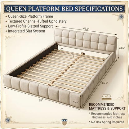 Chenille Fabric Upholstered Platform Bed Frame with Soft Headboard, Modern Low Profile Grounded Design, No Box Spring Needed, Sturdy MDF & Wood Frame, Neutral Style, Beige, Queen