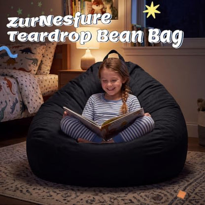 ZurNesfure Bean Bag Chair, Teardrop Large Bean Bag with Filling Black, 3FT | Bean Bag Chairs for Living Room, Washable Comfy Chair with Handle, Fluffy Bean Bag for Reading Gaming Relaxing