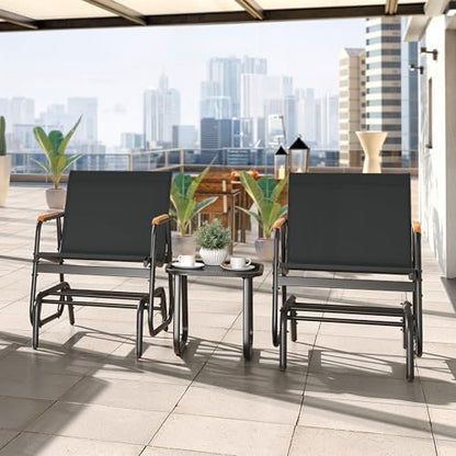 YITAHOME 3 Piece Patio Glider Set Textilene Gliders Outdoor Furniture Black | Heavy-duty Patio Glider Set w/Breathable Fabric, Smooth Gliding, Wooden Armrest, Tempered Glass Table, Easy Assembly Cleaning