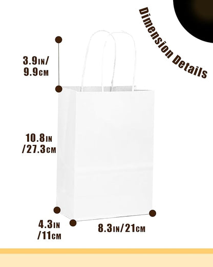 qiqee 50-Packs White Paper Gift Bags with Handles Bulk 11"x8.3"x4.3" Medium Size Paper Bags Multiple Uses
