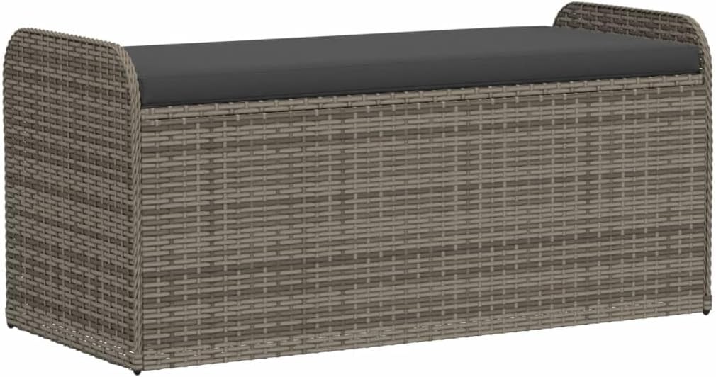 Storage Bench Grey PE Rattan Outdoor Seating with Hidden Storage Box and Cushion, 45.3 x 20.1 x 20.5 Inch Powder-Coated Steel Frame Furniture for Garden and Patio