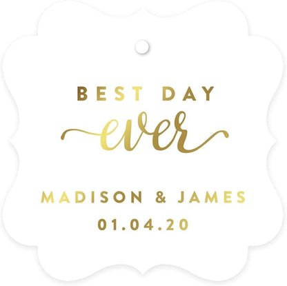 Andaz Press Personalized Fancy Frame Square Wedding Gift Tags, Metallic Gold Ink, Best Day Ever, 24-Pack, Custom Made Any Name, Gold Decor Decorations