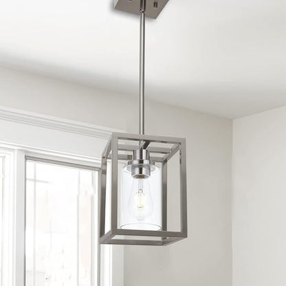 VINLUZ Contemporary Pendant Lighting,Single 1 Light Brushed Nickel Cage Hanging Light with Clear Glass Shade for Kitchen Island Entryway Dining Room Hallway Porch