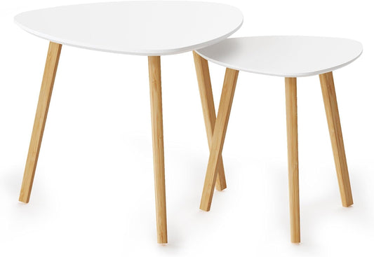BAMEOS Bamboo Nesting Triangle End Table,Set of 2 Side Table Modern Minimalist Coffee Table for Living Room, Balcony in White