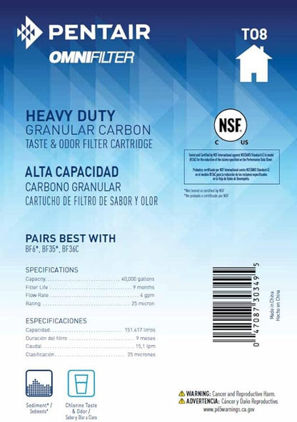 Pentair OMNIFilter TO8 Carbon Water Filter, 10" Heavy Duty Big Blue Whole House Granular Carbon Taste & Odor Replacement Filter Cartridge, 10" x 4.5", 25 Micron |(Pack of 2)