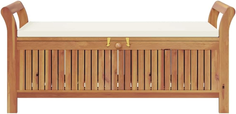 Garden Storage Bench, 49.6 Inch Solid Acacia Wood Outdoor Storage Box with Cream White Cushion, Large Wood Deck Box for Patio Seating and Yard Organization, Natural Oiled Finish