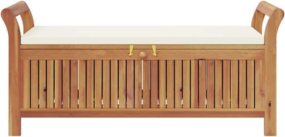 Garden Storage Bench, 49.6 Inch Solid Acacia Wood Outdoor Storage Box with Cream White Cushion, Large Wood Deck Box for Patio Seating and Yard Organization, Natural Oiled Finish