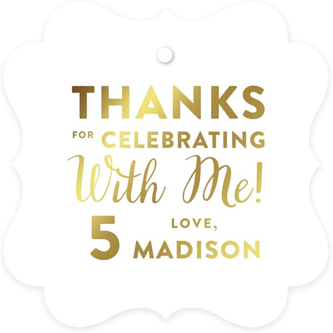 Andaz Press Personalized Fancy Frame Square Birthday Gift Tags, Metallic Gold Ink, Thanks for Celebrating with Me with Age, 24-Pack, Custom Made Name Age, Gold Decorations