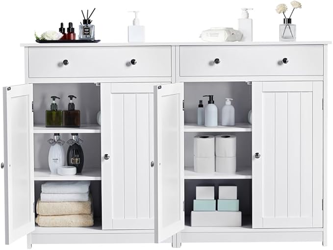 Yaheetech Set of 2 Bathroom Storage Cabinet with 1 Drawer and 2 Doors, Freestanding Entryway Storage Unit with Adjustable Shelf, Home Organizer for Entryway, Living Room, White