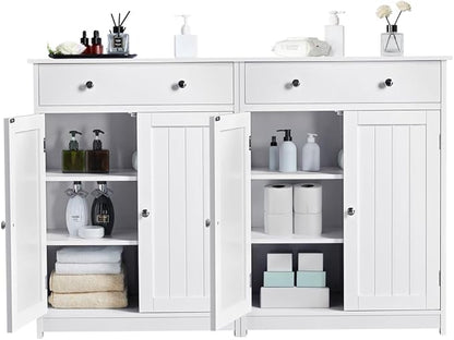 Yaheetech Set of 2 Bathroom Storage Cabinet with 1 Drawer and 2 Doors, Freestanding Entryway Storage Unit with Adjustable Shelf, Home Organizer for Entryway, Living Room, White