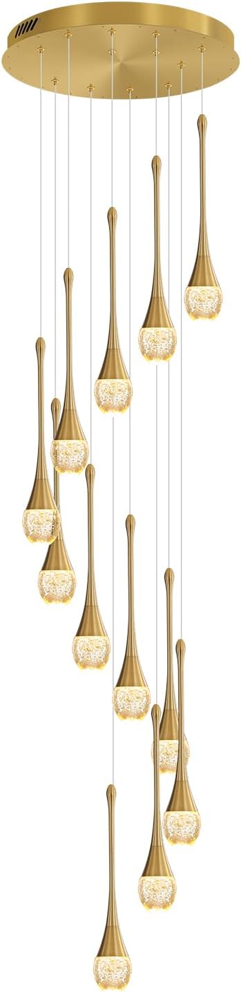 12-Lights Staircase Chandelier Gold Pendant Light Fixture for Sloped High Ceiling Raindrop Chandelier for Living Room Foyer Hallway Villa