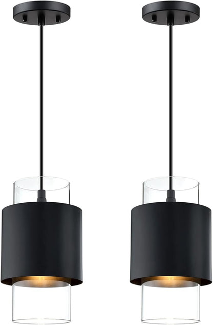 1 Light Hanging Indoor Kitchen Island Pendant Light 6" Drum Glass Shade Pendant Ceiling Light Fixtures Modern Farmhouse Dinning Over Sink (Black Finish, 2 Pack)