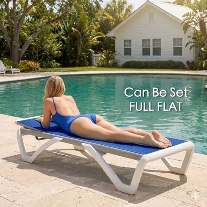 Kozyard Outdoor Chaise Lounge Chair, Full Flat Adjustable Patio Lounger with Aluminum Frame & Resin Legs, Textilene Fabric for Poolside, Backyard & Beach (Blue, 2Chairs + Table)