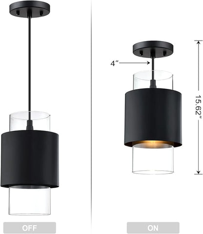 1 Light Hanging Indoor Kitchen Island Pendant Light 6" Drum Glass Shade Pendant Ceiling Light Fixtures Modern Farmhouse Dinning Over Sink (Black Finish, 2 Pack)