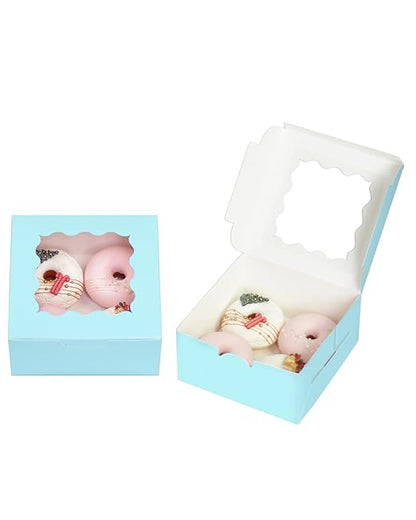 Bakepacker 100pcs Light Blue Cookie Boxes 6x6x3 inches Easy Assemble Macaroon Pastry Boxes Bakery Boxes with Window for Bakery