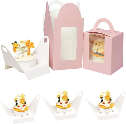 Bakepacker Auto-pop up Individual Cupcake Boxes with Window 60 Count Pink Single Cupcakes Box 3.6 x 3.6 x 4.3inch Cupcake Carrier