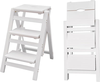 3-Step Ladder Chair Folding Step Stool Chair 22.44" L x 16.33" W x 25.6" H 220 LBS Load Capacity White Pinewood Counter Chairs for Kitchen Bedroom Living Room Warehouse, Space Saving
