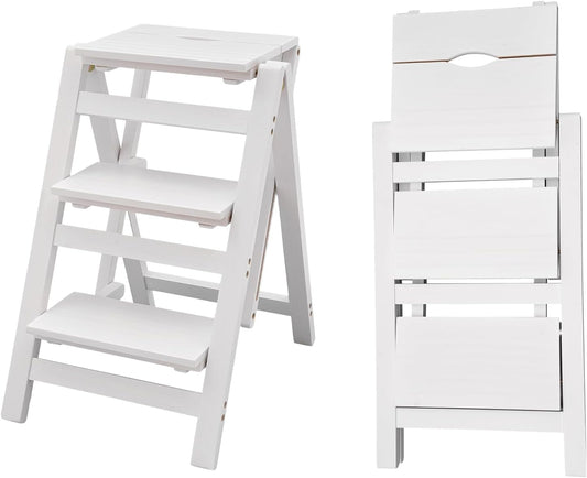 3-Step Ladder Chair Folding Step Stool Chair 22.44" L x 16.33" W x 25.6" H 220 LBS Load Capacity White Pinewood Counter Chairs for Kitchen Bedroom Living Room Warehouse, Space Saving