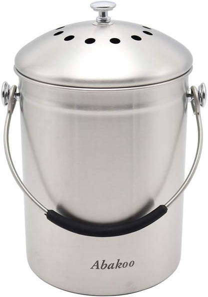 Abakoo Stainless Steel Compost Bin for Kitchen Countertop Compost Bucket Kitchen Pail Compost with Lid 1.3 Gallon-Includes 4 Filters