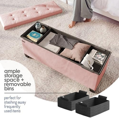 Storage Ottoman Bench with Bins, 43-in Storage Bench for Bedroom End of Bed, Folding Foot Rest Ottoman for Living Room Max 660lbs, Leather Ottomans, Pink