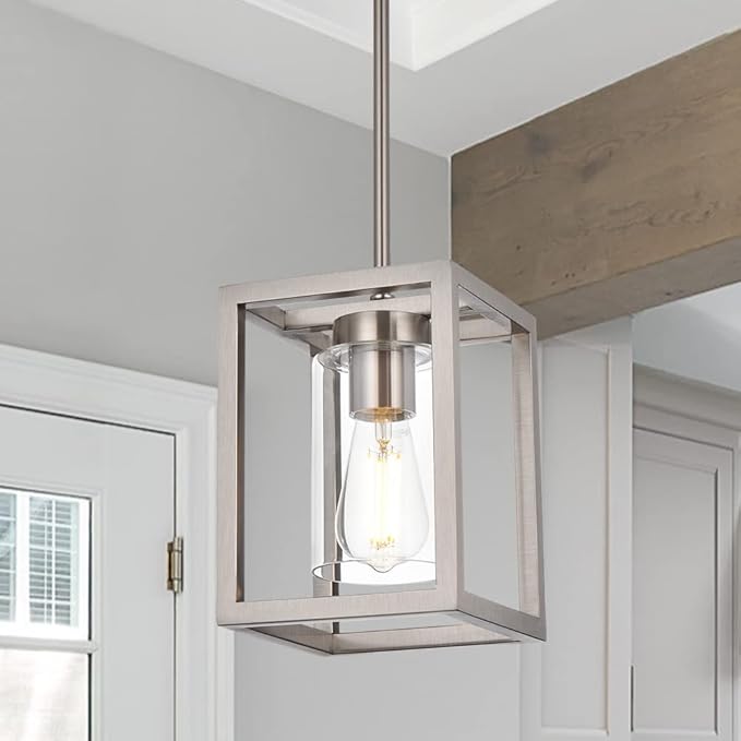 VINLUZ One Light Chandeliers Fixture Brushed Nickel Modern Pendant Kitchen Lighting with Clear Glass Shade Dining Room Lighting Fixtures Hanging Contemporary Lamp Semi Flush Mount Ceiling Lights