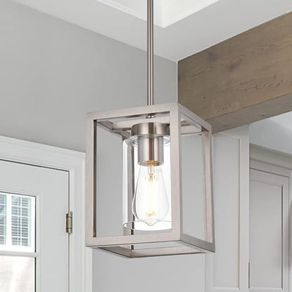 VINLUZ One Light Chandeliers Fixture Brushed Nickel Modern Pendant Kitchen Lighting with Clear Glass Shade Dining Room Lighting Fixtures Hanging Contemporary Lamp Semi Flush Mount Ceiling Lights