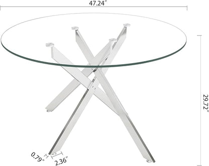 47.24" Round Glass Dining Table Modern Kitchen Glass Top Table for 6 with Silver Metal Legs, Clear Dining Table Kitchen Table for Home Office Dining Room