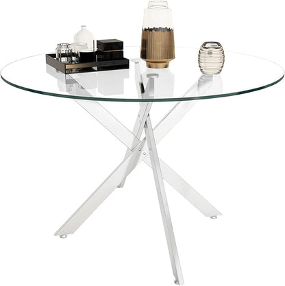 47.24" Round Glass Dining Table Modern Kitchen Glass Top Table for 6 with Silver Metal Legs, Clear Dining Table Kitchen Table for Home Office Dining Room