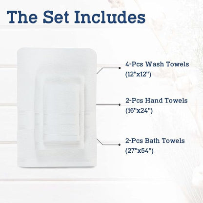 Casa Lino Bath Towel Set of 8 (2 Bath Towels, 4 Wash Cloths & 2 Hand Towels for Bathroom) - 100% Cotton - Highly Absorbent & Quick Dry - Guest Room Essentials for Bathroom Set - (White)