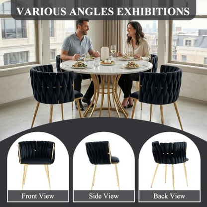 Hand-Woven Dining Chairs Set of 2,Dining Room Chairs with Gold Leg | Velvet Elegant Side Chair with Curved Backrest, Sturdy Wood & Metal, Anti-slip Foot Pads, Wide Armrest, Holds 300LBS, Beige