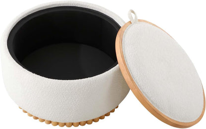 29" Boucle Upholstered Round Storage Ottoman with Solid Wood Legs, Modern Coffee Table Ottoman with Reversible Lid, Large Round Ottoman with Storage for Living Room (Beige, Boucle)