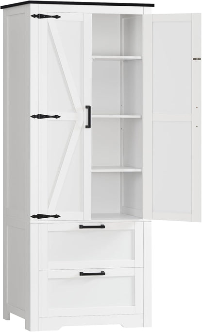 TEENFON 66.1" H Storage Cabinet with 2 Drawers, Farmhouse Kitchen Pantry Cabinet with 2 Doors & Adjustable Shelf, Bathroom Cabinet, for Living Room, Kitchen, Bathroom, White