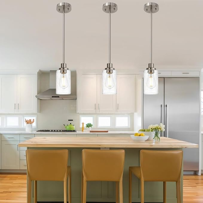 Pendant Light Fixture in Brushed Nickel Finish, 1-Light Modern Hanging Lighting Over Table, Adjustable Kitchen Island Lighting for Hallway Bedroom Office Bar Farmhouse
