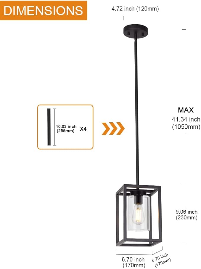 VINLUZ 1 Light Farmhouse Pendant Lighting Black Cage Chandelier Glass Shade Contemporary Modern Kitchen Island Lights Fixtures Ceiling Hanging Dining Room Living Room