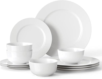 16 Pieces Plates and Bowls Sets, White Porcelain Dinnerware Sets, Ceramic Dishes Set Service for 4, White Kitchen Dinner Dining Ware Set