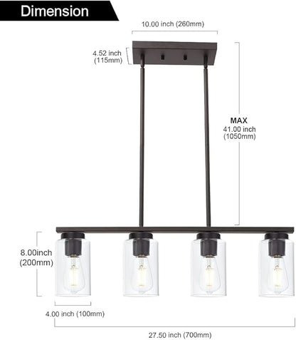 Farmhouse Dining Room Chandelier 4-Lights Kitchen Island Light, Clear Glass Pendant Lighting Fixtures in Oil Rubbed Bronze