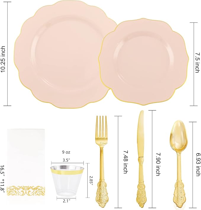 NOCCUR 175PCS Pink Plates with Gold Disposable Silverware - Include 50 Pink Plastic Plates,25 Knives,25 Forks,25 Spoons,25 Cups and 25 Napkins - Ideal for Wedding/Party