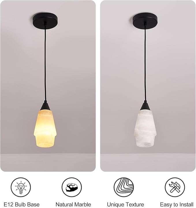 Natural Alabaster Pendant Lights Kitchen Island, H-7.87in White Pendant Light Fixtures, Light Pendant Marble Shade, for Bedroom Bathroom Dining Room Living Room