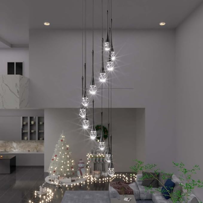 12-Light Black Raindrop Crystal Chandelier 120'' High Ceiling foyers Entrance Chandeliers Staircase Long Pendant Light Dimmbale LED 2700-6000K