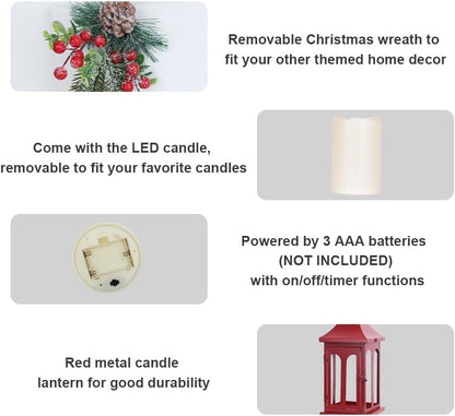 Christmas Decorations for Home, Decorative Christmas Lantern Indoor Outdoor Decor, Metal Hanging Candle Holder with Xmas Teardrop Wreath and LED Candle for Table Centerpieces, Patio (Red)