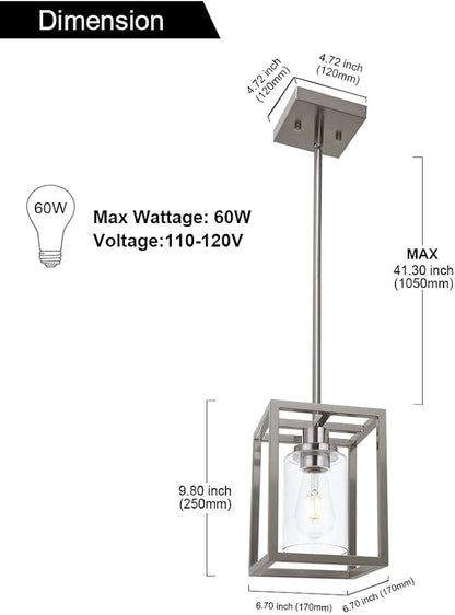 VINLUZ Contemporary Pendant Lighting,Single 1 Light Brushed Nickel Cage Hanging Light with Clear Glass Shade for Kitchen Island Entryway Dining Room Hallway Porch