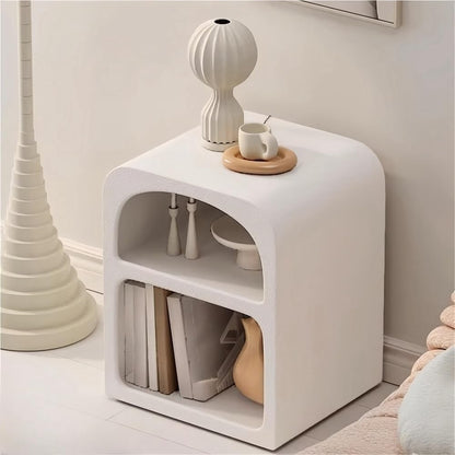 Modern Side Table, Creative Decorative Side Table, Nightstand with 2 Layers of Open Storage, Half-Moon Bedside Table for Bedroom, Office, Living Room, Apartment(Small)