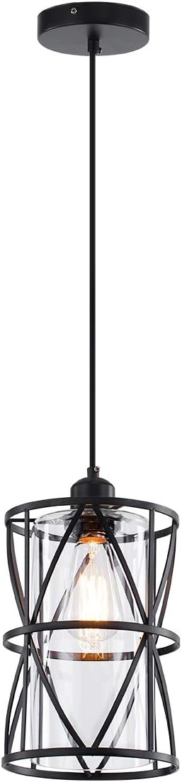 Black Industrial Metal Pendant Light with Clear Glass Shade, Transitional Cylinder Pendant Lighting Fixture for Kitchen Island Sink Counter Dining Room