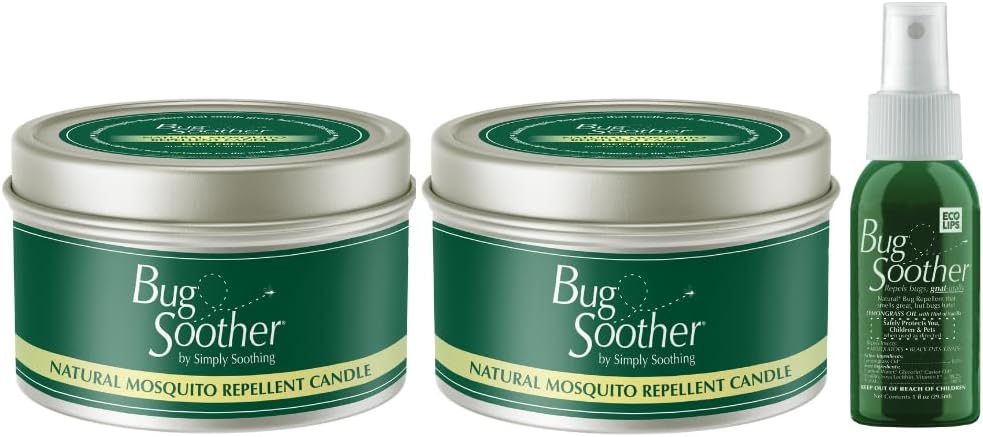 Bug Soother Candle - Natural Insect, Gnat and Mosquito Repellent 2 Candles, 1oz Bottle of Bug Spray Deterrent - Safe for Adults, Kids, Pets, Environment - Made in USA