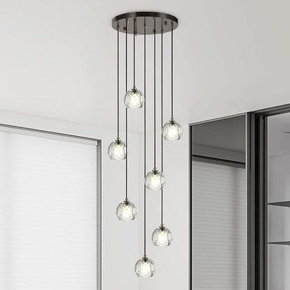 7 Lights Cluster Pendant Light, Brushed Black Modern Crystal Entryway Chandelier, High Ceiling Foyer Pendant Hanging Light Fixture for Staircase Dining Room
