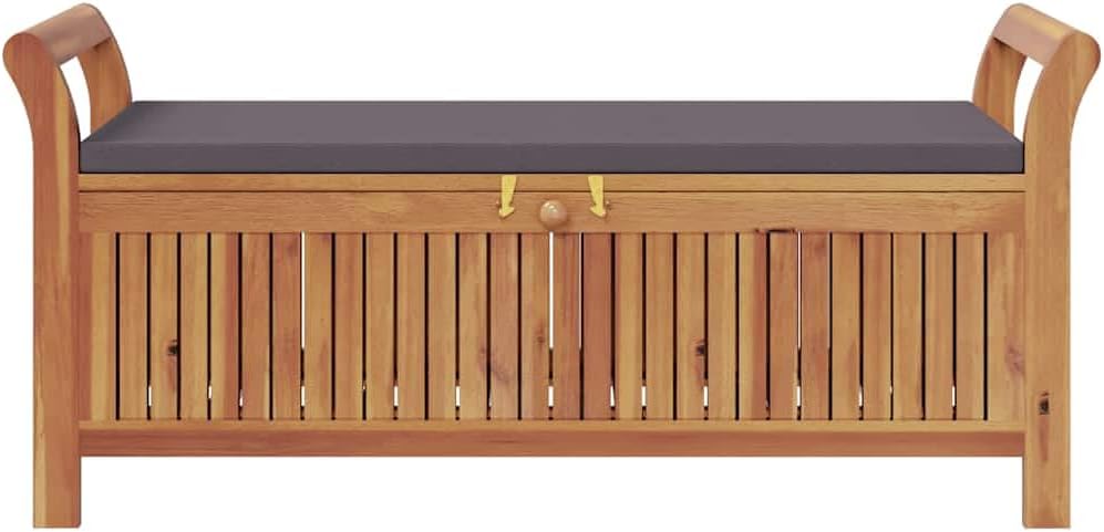 Acacia Wood Outdoor Storage Bench with Cushion, 49.6" Patio Storage Bench with Curved Arms, Garden Seat for Pillows and Blankets