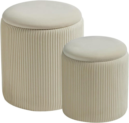 BLEXA Set of 2 Round Storage Ottoman, White Velvet Ottoman with Storage | Upholstered Padded Vanity Stool, Multifunctional Coffee Table & Foot Rest for Bedroom, Living room with Hidden Storage Space