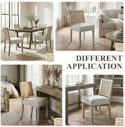 chairus upholstered Dining Chairs Set of 4, Boho Coastal Dining Room Chairs with Natural Woven Rope Back White Gray Washed Wood Leg Modern Farmhouse Wooden Kitchen Side Chairs, Ivory Linen Seat
