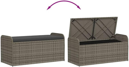 Storage Bench Grey PE Rattan Outdoor Seating with Hidden Storage Box and Cushion, 45.3 x 20.1 x 20.5 Inch Powder-Coated Steel Frame Furniture for Garden and Patio