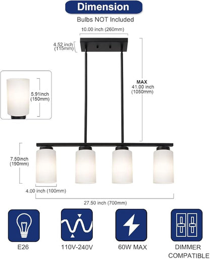 Farmhouse Dining Room Pendant Light Fixtures in Black Finish, 4-Lights Island Lighting with Opal White Glass Shades for Kitchen